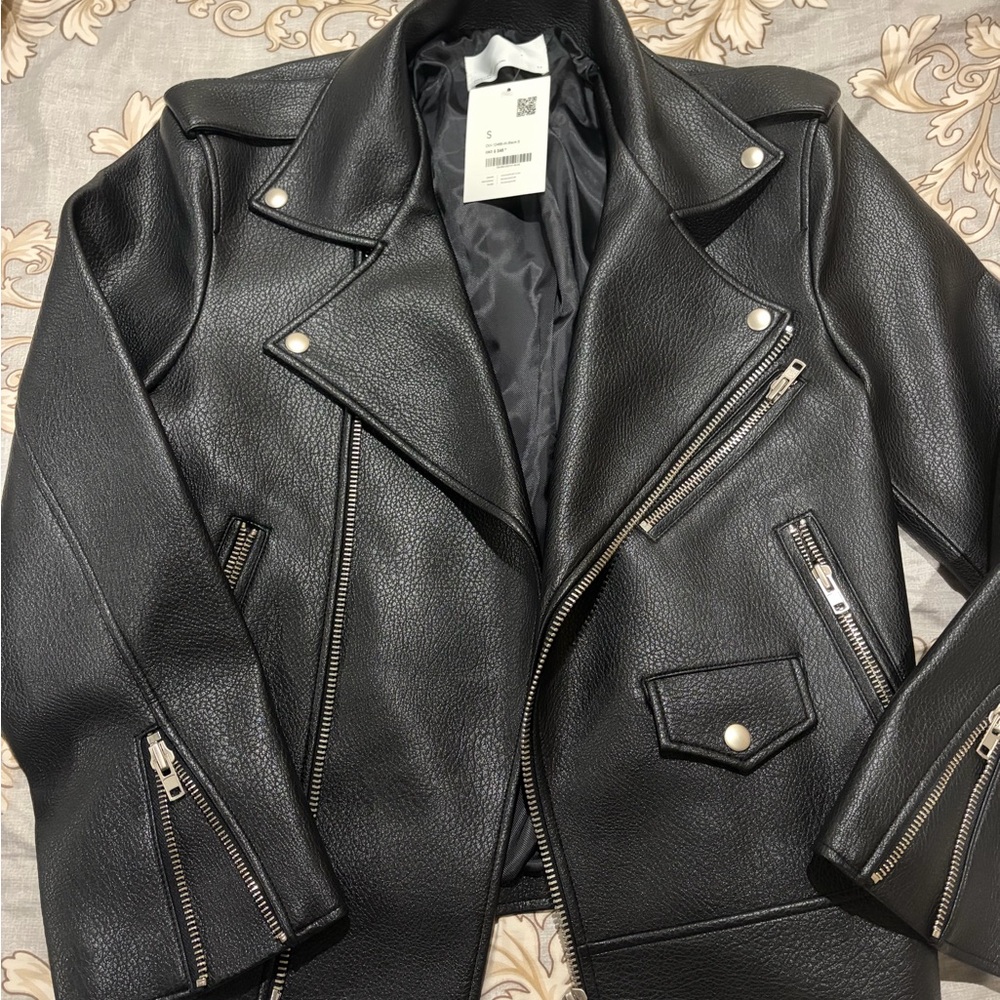 OAK + FORT Black Leather Biker Jacket